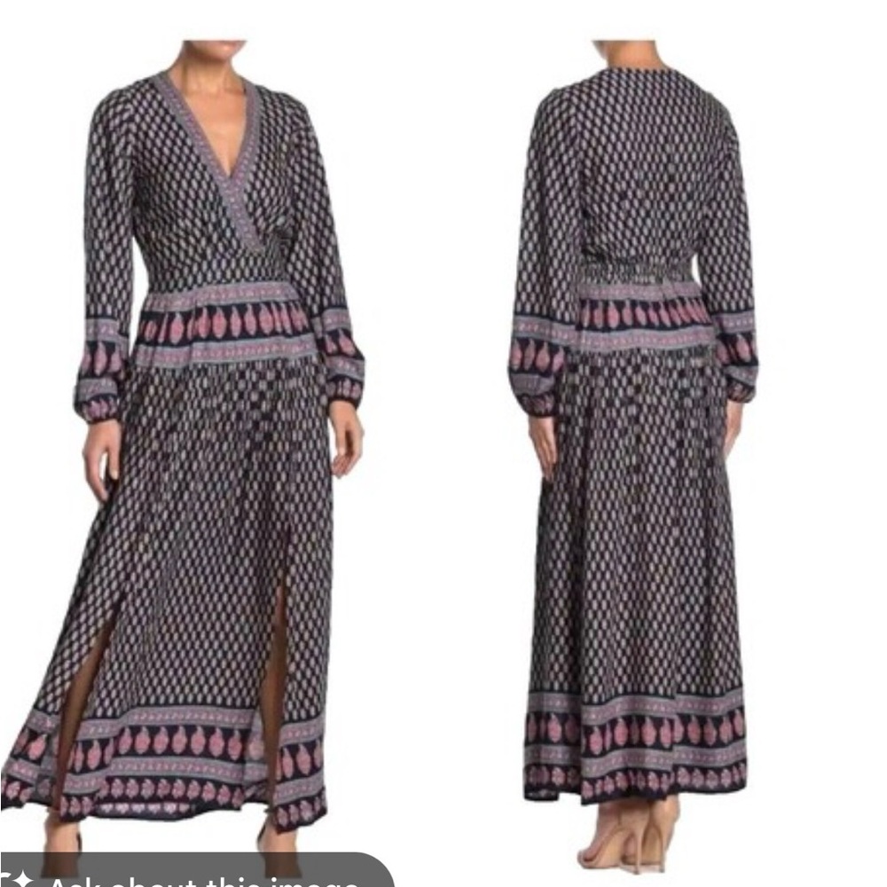 RAGA Avah Geometric Print Blue and Pink Patterned Boho Slit front Maxi Dress
